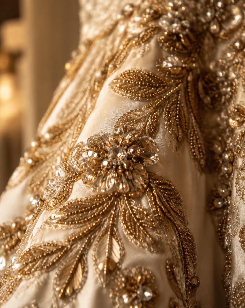 Gold beadwork detail on a custom gown
