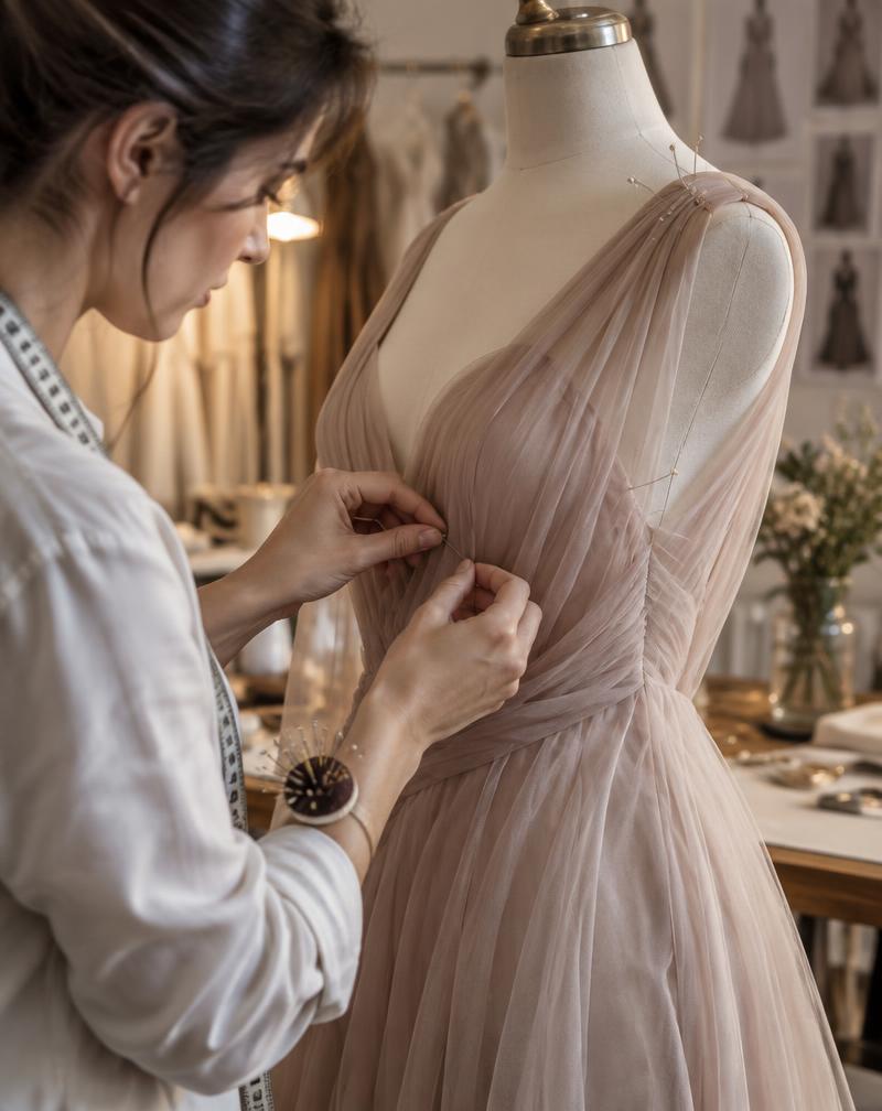 A tailor pinning a dress on a mannequin